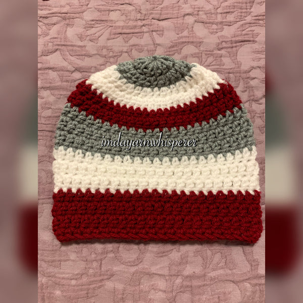 Medium Gray/White/Burgundy Striped Adult Beanie (Unisex)