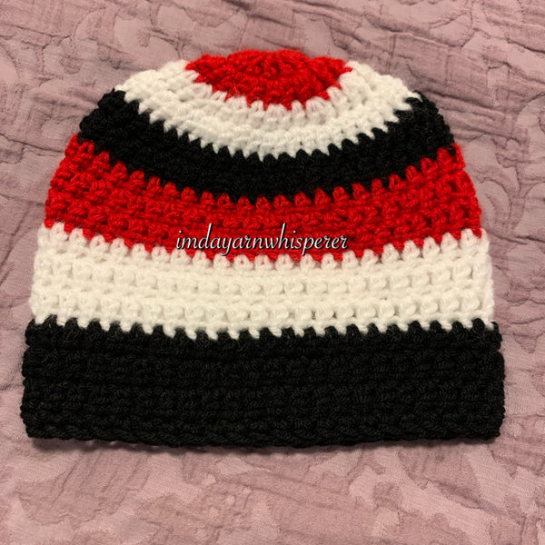 Cherry Red, White & Black Striped Adult Beanie (Unisex)