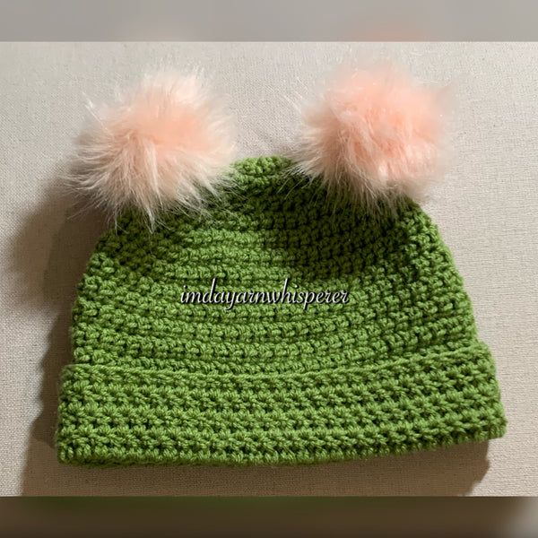 Light Green & Pink Double Pom Adult Beanie (Unisex)