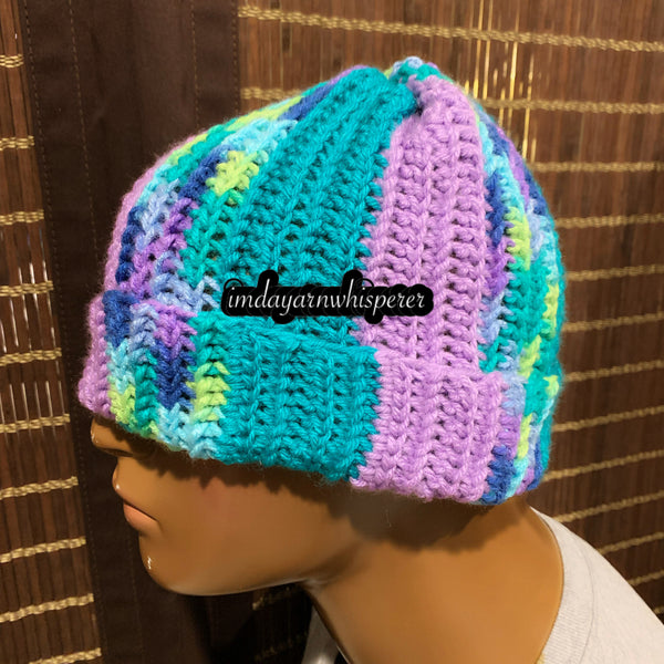 Watercolor/Jade/Purple Striped Beanie (Unisex)